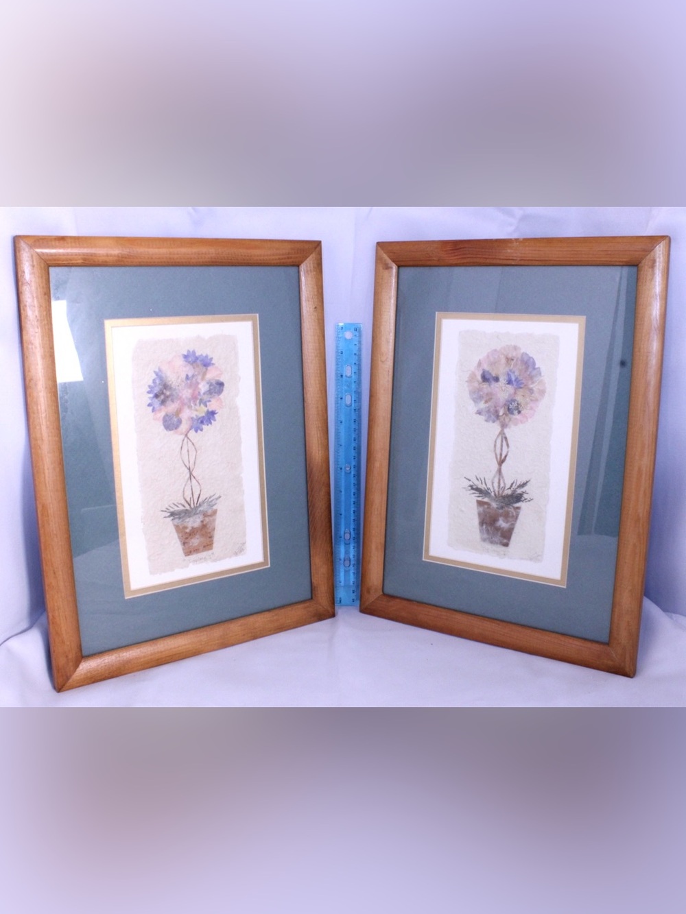 Set of 2 Framed Botanical Country Topiary Wildflower Art Pieces - Signed